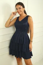 Ön Arka V Yaka Simli Katlı Elbise