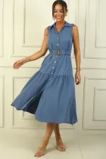 Önü Düğmeli Beli Kuşaklı Uzun Elbise