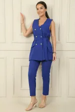 6 Düğmeli Sahte Cepli Kuşaklı Yelek Beli Lastikli Dar Paça Pantolon 2'li Takım
