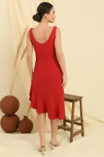 Side Ruffled, Belted, Lined Crepe Dress