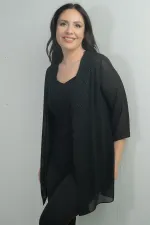 Veste en mousseline à manches mi-longues pour femme, chemisier en lycra sans manches, détails perlés, ensemble 2 pièces grande taille