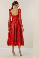 Square Neck Long Sleeve Lined Sequin Beaded Dress