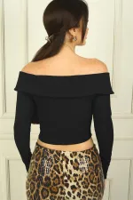 Kadın Önü Fermuarlı Geniş Yaka Uzun Kollu Crop Bluz