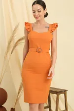 Askıları Fırfırlı Glop Detaylı Astarllı Beli Kemerli Krep Elbise