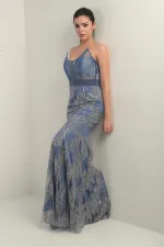 Women's Beaded and Stone Detailed Lined Underwired Long Dress with Transparent Top