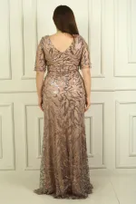 Kadın Ön Arka V Yaka Boncuk-Pul İşlemeli Astarlı Büyük Beden Elbise