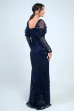 Robe de créateur doublée, à sequins, manches longues et buste drapé, doublée