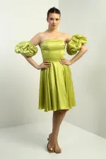 Kadın Straplez Karpuz Takma Kollu Astarlı Kısa Kloş Krep Saten Elbise