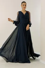 Front and back V-neck, draped front, tulle sleeves, lined, wide-length chiffon dress.
