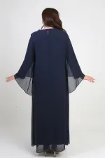 Kadın Üstü Şifon Pelerinli Pul Taş Detaylı Geometrik Desen Likralı B.B. Uzun Elbise