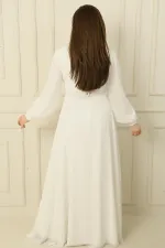 Wrap-neck, belted, lined, plus-size long modest dress.