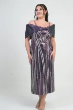 Women's Thin Strap Satin Bow Boat Neck Sequin Embellished Lined Plus Size Midi Dress