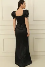 Square Neck, Puff Sleeve, Draped Front Satin Long Pencil Dress