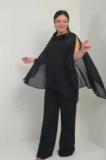 Cape en satin à col et doublure à sequins pour femme, chemisier sans manches, pantalon palazzo, ensemble 3 pièces en mousseline doublée grande taille