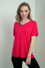 Kadın Yakası Simli V Yaka Kısa Kol Bluz