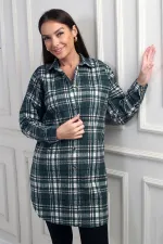 Chemise longue à carreaux pour femme avec fentes latérales
