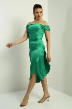 Women's Madonna Neckline Draped Asymmetrical Satin Short Dress