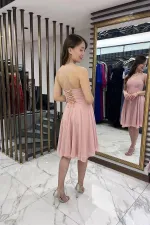 Robe courte évasée en mousseline de soie doublée avec bretelles en corde et lien au dos pour femme
