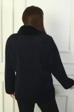 Kadın Seyyar Kürklü Yaka Önü Fermuarlı Yandan Cepli Büyük Beden Akrilik Ceket