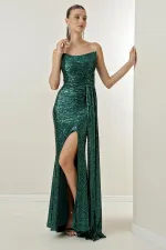 Robe longue à sequins, drapée sur le devant, sans bretelles et doublée