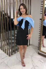 Women's Strappy Satin Short Dress with Stone Embellishments and Lining, and Bow Detail