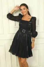 Women's Square Neck Long Sleeve Belted Pleated Organza Short Dress