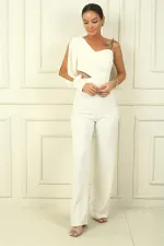 Kadın Tek Kollu Taşlı İp Askılı Bel Dekolteli Krep Tulum