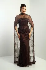 Kadın Straplez Taş-Pul İşlemeli Pelerinli Astarlı Uzun Abiye Elbise