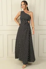 Women's One-Shoulder Polka Dot Long Crepe Satin Dress with Side Cutouts