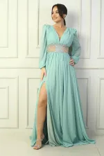 Robe de soirée longue en mousseline de soie avec col en V et taille brodée pour femme