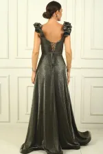 Düşük Volan Kol Drapeli Astarlı Simli Uzun Elbise