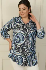 Chemise grande taille à manches repliées et motifs mixtes avec boutons métalliques sur le devant