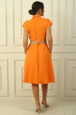 Robe effet lin à col, épaules dénudées, double poche et ceinture pour femme
