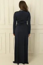 Plus Size Long Hijab Dress with Stone Embellished Collar and Sides, Lined and Gathered