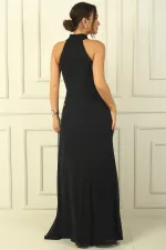 Long Evening Dress with Neckline, Pocket Square, and Lining, Embellished with Glitter.