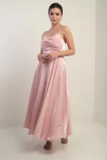 Women's V-Neck Strapless Lined Organza Satin Midi Dress