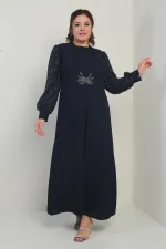 Kadın Kolu Ve Önü Pullu Büyük Beden Uzun Tesettür Elbise