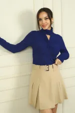 Kadın Önü Pencereli Düğüm Detaylı Likralı Bluz