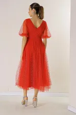 Front and Back V-Neck Short Balloon Sleeved Square Polka Dot Glitter Dahlia Fabric Lined Dress