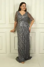 Kadın Ön Arka V Yaka Boncuk-Pul İşlemeli Astarlı Büyük Beden Elbise