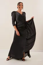 Truvakar Kol Önü Volanlı Astarlı Simli Büyük Beden Uzun Elbise