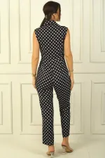 Wrap-Neck Belt Detail Polka Dot Crepe Satin Double Jumpsuit