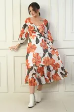 Madonna Neckline Lined Cross-Tie Floral Wrap Chiffon Dress