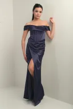 Robe longue en satin à bretelles, doublée et à armatures, manches basses et sans bretelles, pour femme