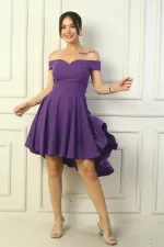 Kadın Madonna Yaka Ön Kısa Arka Uzun Astarlı Kloş Krep Kısa Elbise