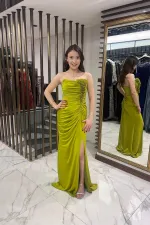 Women's Strapless 3D Floral Draped Lined Lycra Long Dress