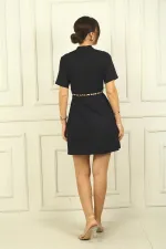 Button-front, short-sleeved, belted A-line pleated dress