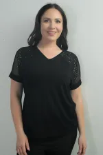 Women's V-Neck, Mesh Shoulder, Sequined, Plus Size Lycra Blouse