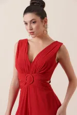 Waist-detailed, front and back V-neck, lined chiffon jumpsuit.