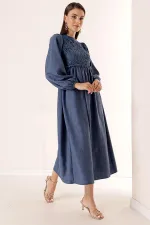 Güpürlü Keten Efekt Uzun Elbise